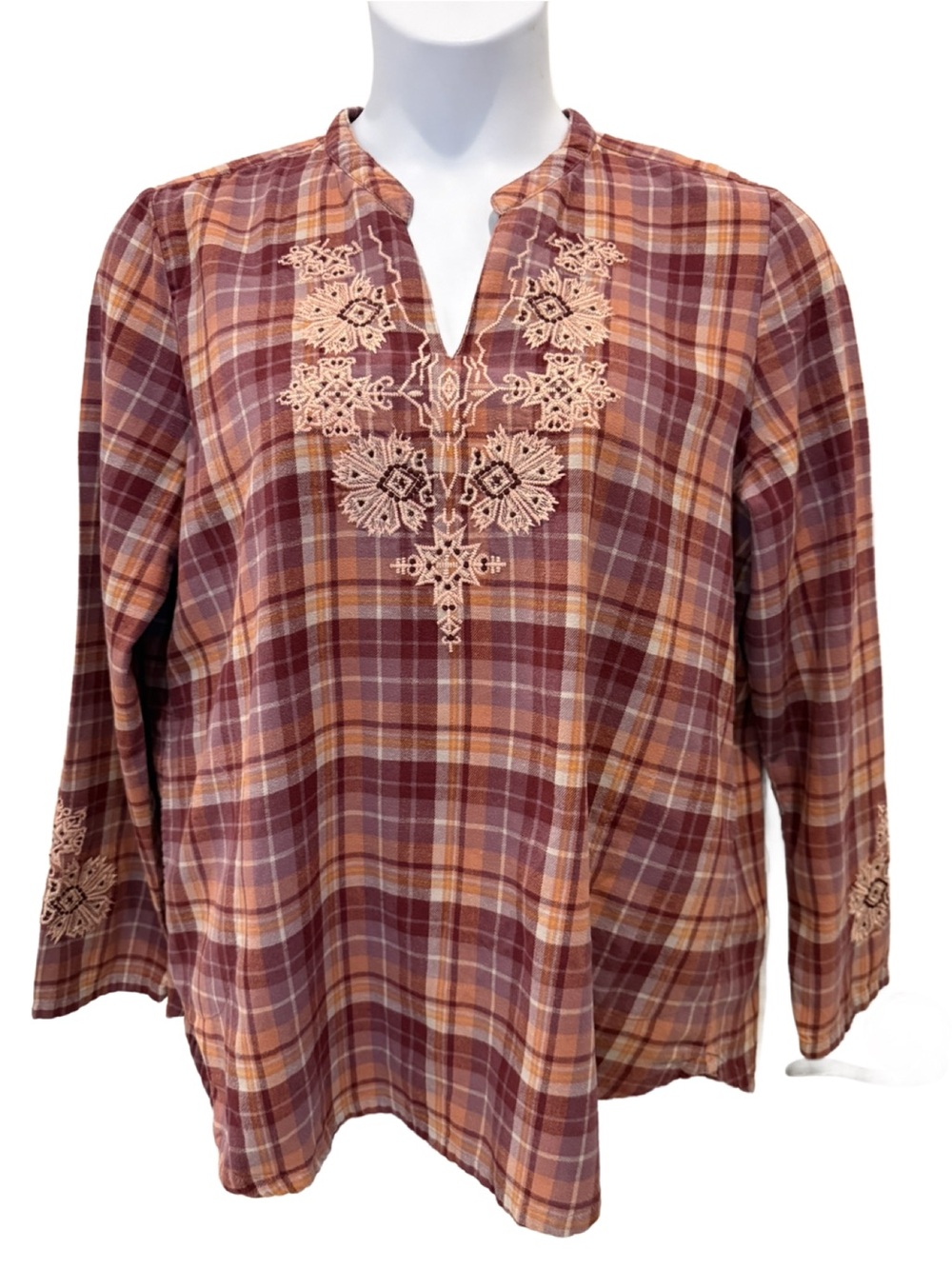 LOGO by Lori Goldstein Embroidered Plaid Blouse.